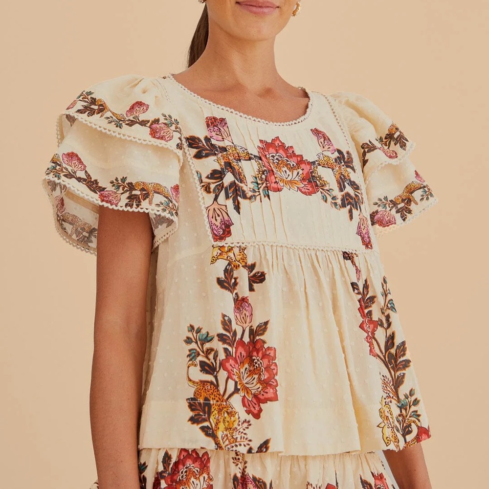FARM Rio Cream Floral Puff-Sleeve Blouse with Red & Pink Blooms